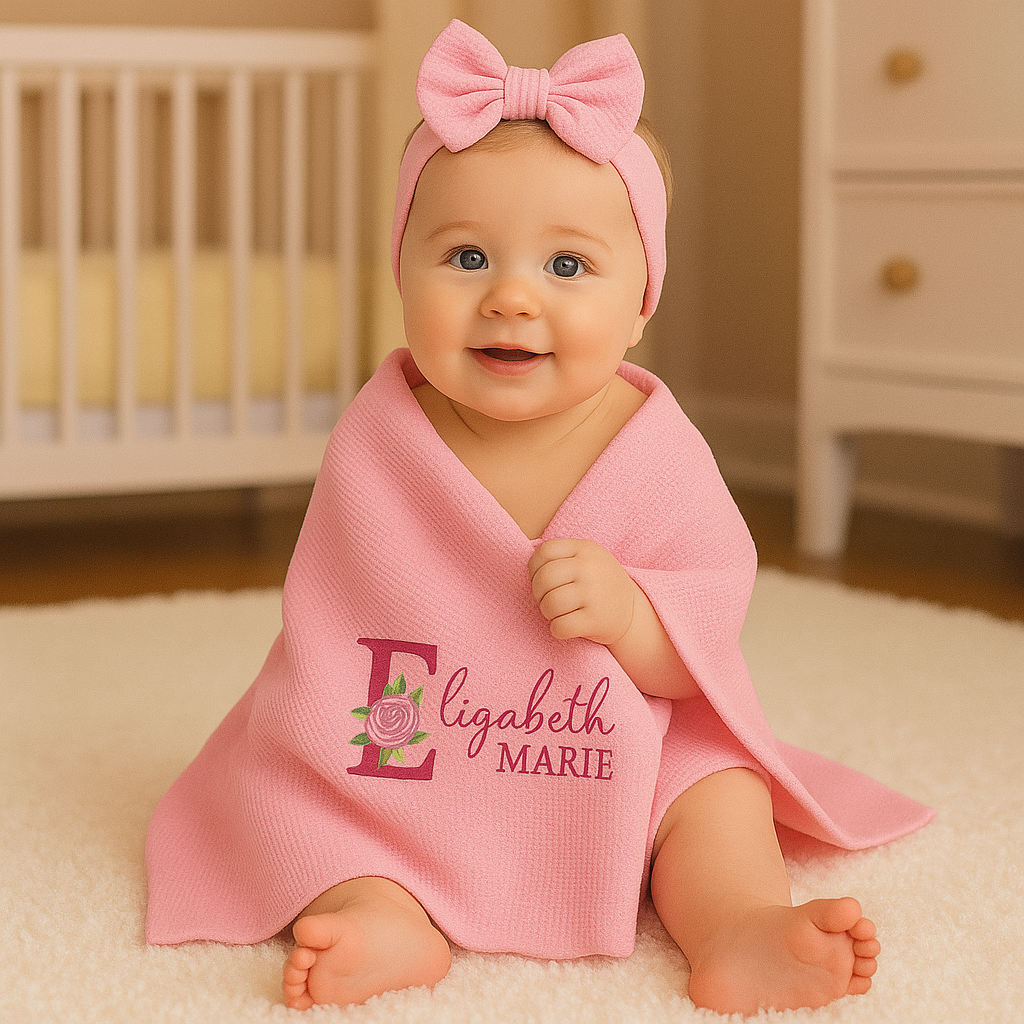 Floral Initial Embroidered Knitted Blanket