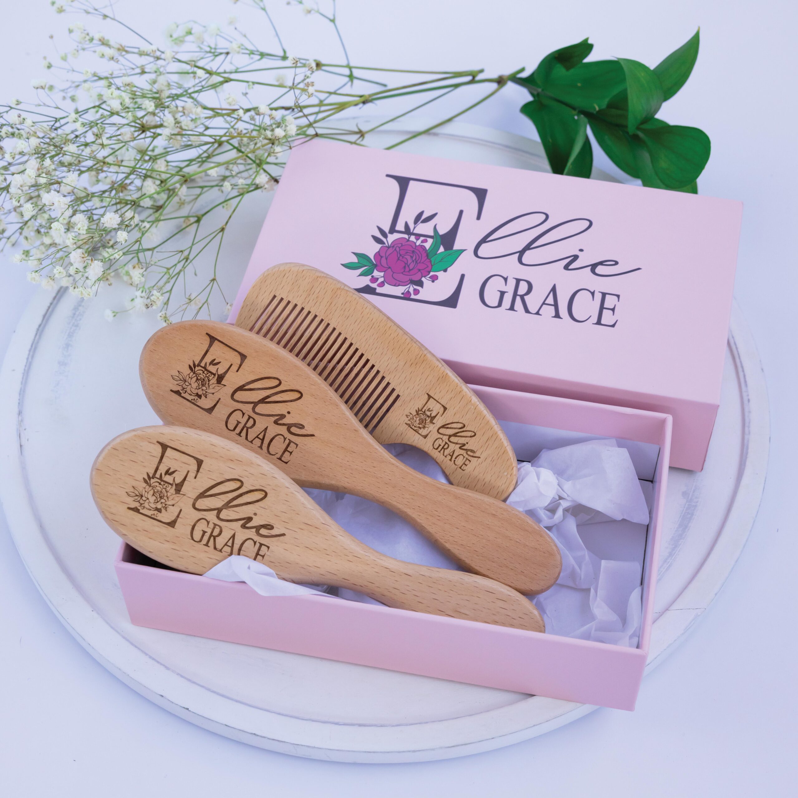 Floral Initial Baby Brush Set with Pink Box