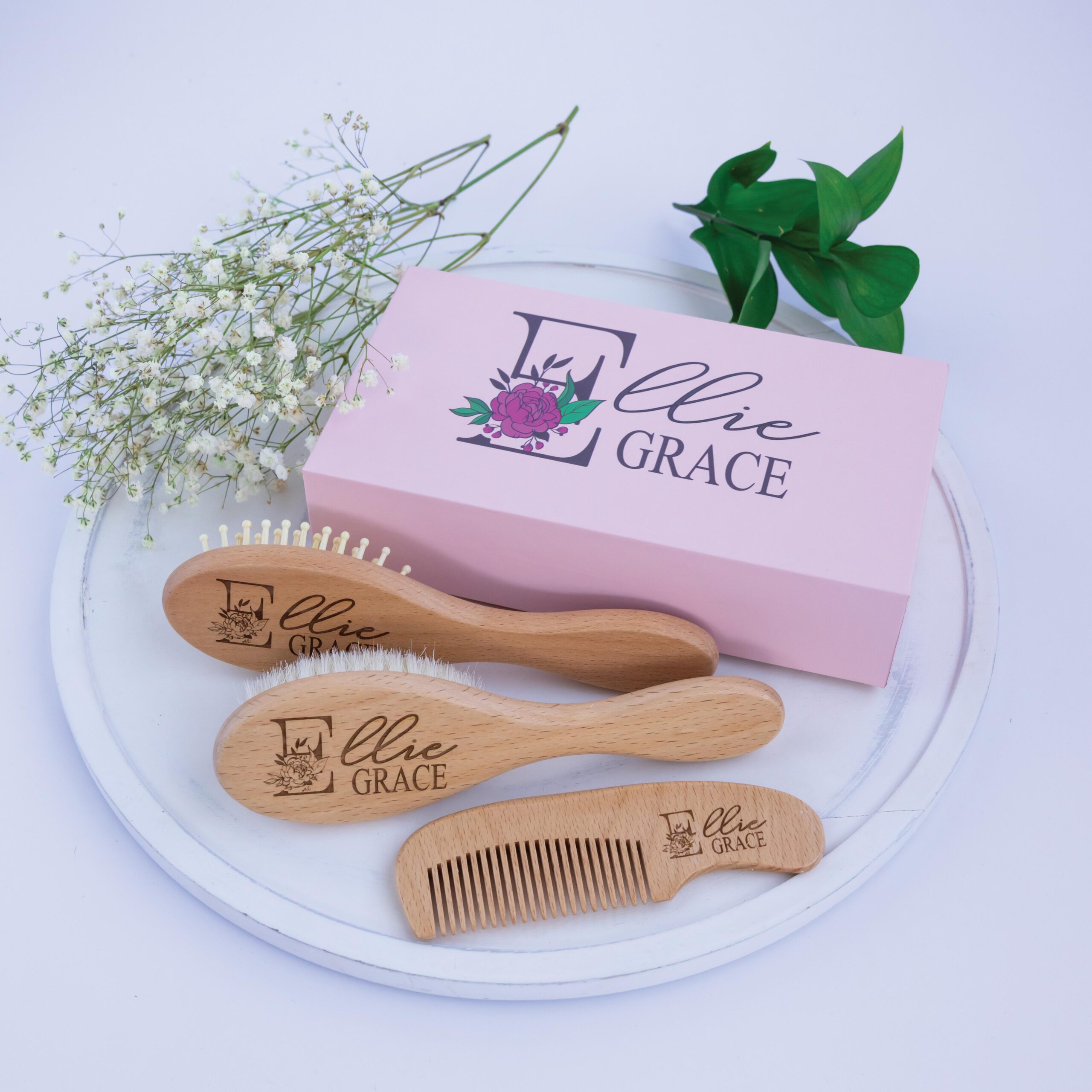 Floral Initial Baby Brush Set with Pink Box - Image 2