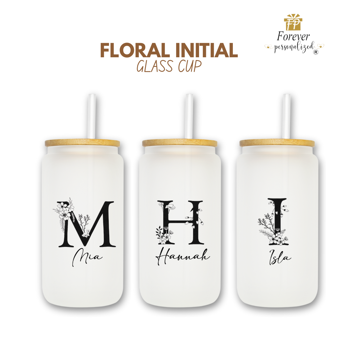 Floral Initial | 16oz Glass Cup