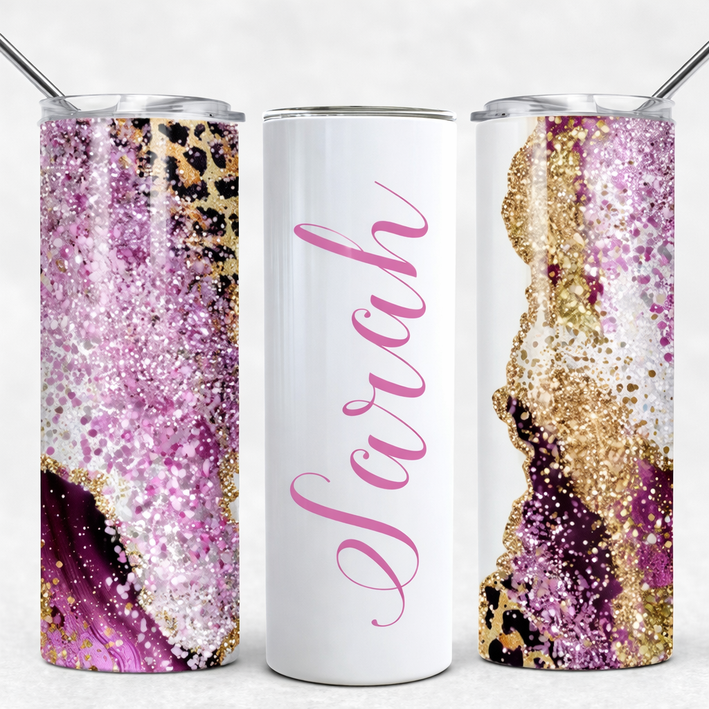 20 oz Pink Magenta Leopard Gold Glitter Effect