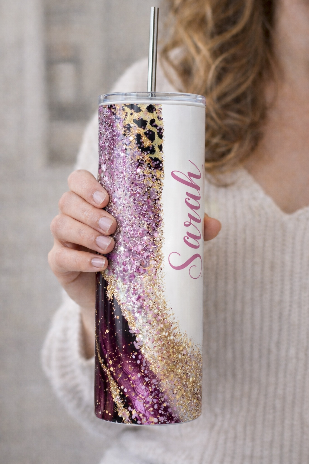 20 oz Pink Magenta Leopard Gold Glitter Effect - Image 4