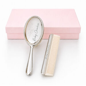 Personalized Silver Plated Birth Flower Baby Brush and Comb Set