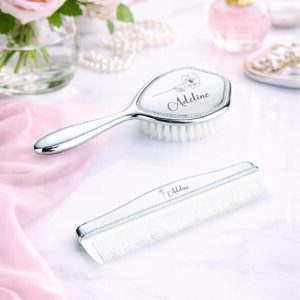 Personalized Silver Plated Birth Flower Baby Brush and Comb Set