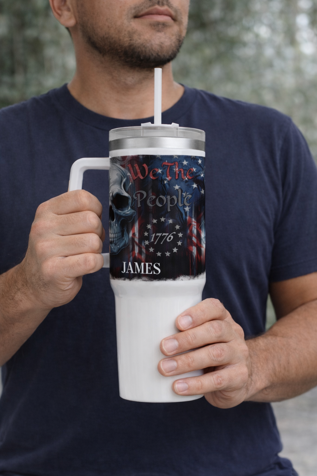 We The People Skull Patriotic Tumbler with Handle - Image 4