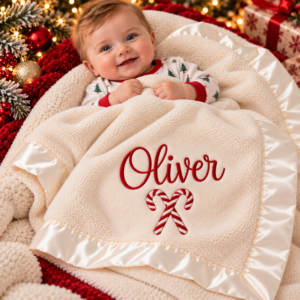 Personalized Christmas Embroidered Baby Blanket – Christmas & Holiday Baby Gift with Name